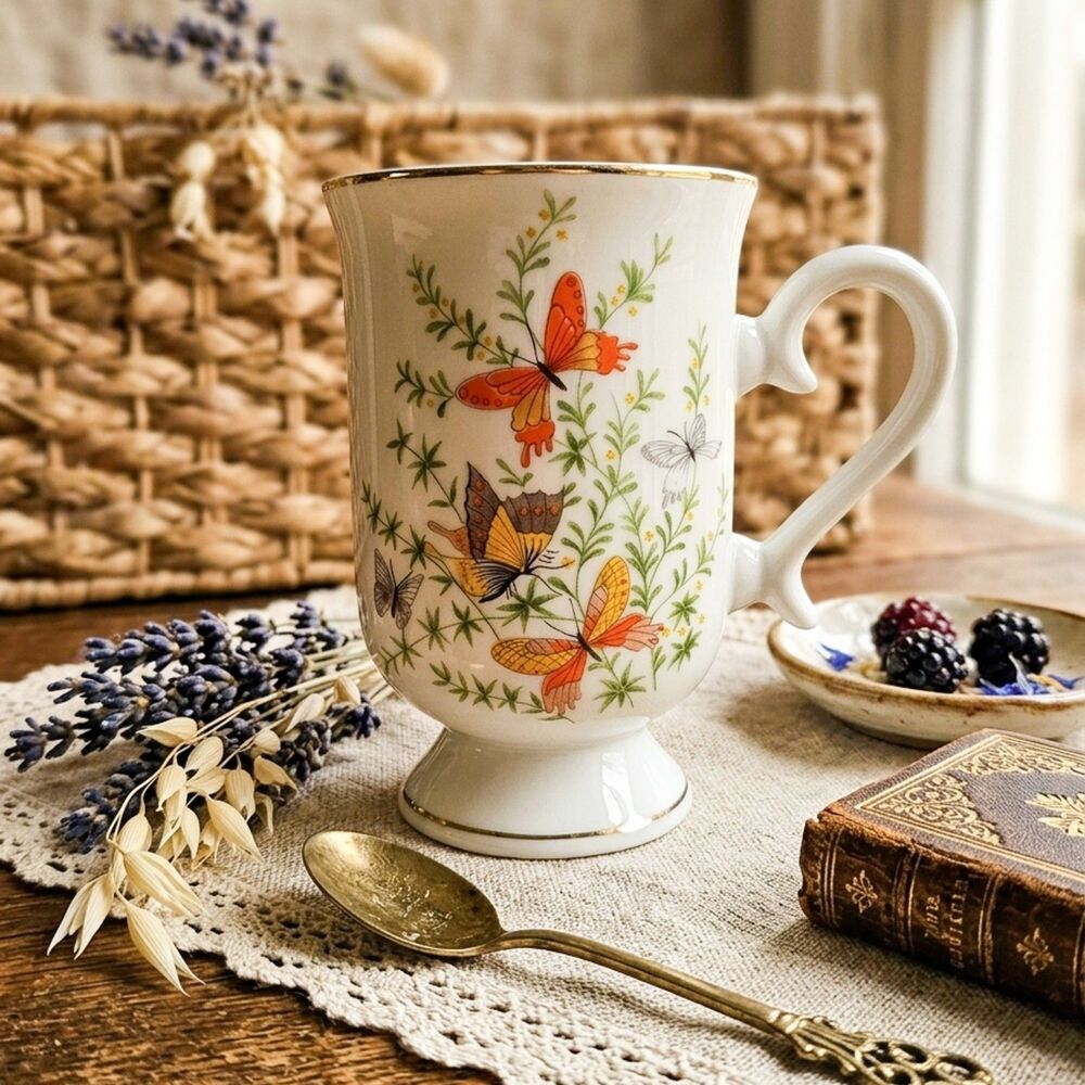 Vintage Ecstasy Coffee Tea Mug Cup Floral Butterflies Pedestal Footed 10 Oz